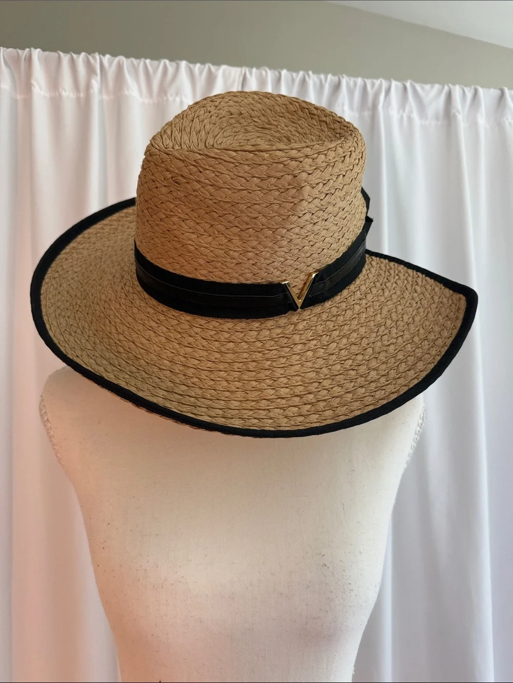 Vince Camuto Tan Straw Fedora with Black Trim